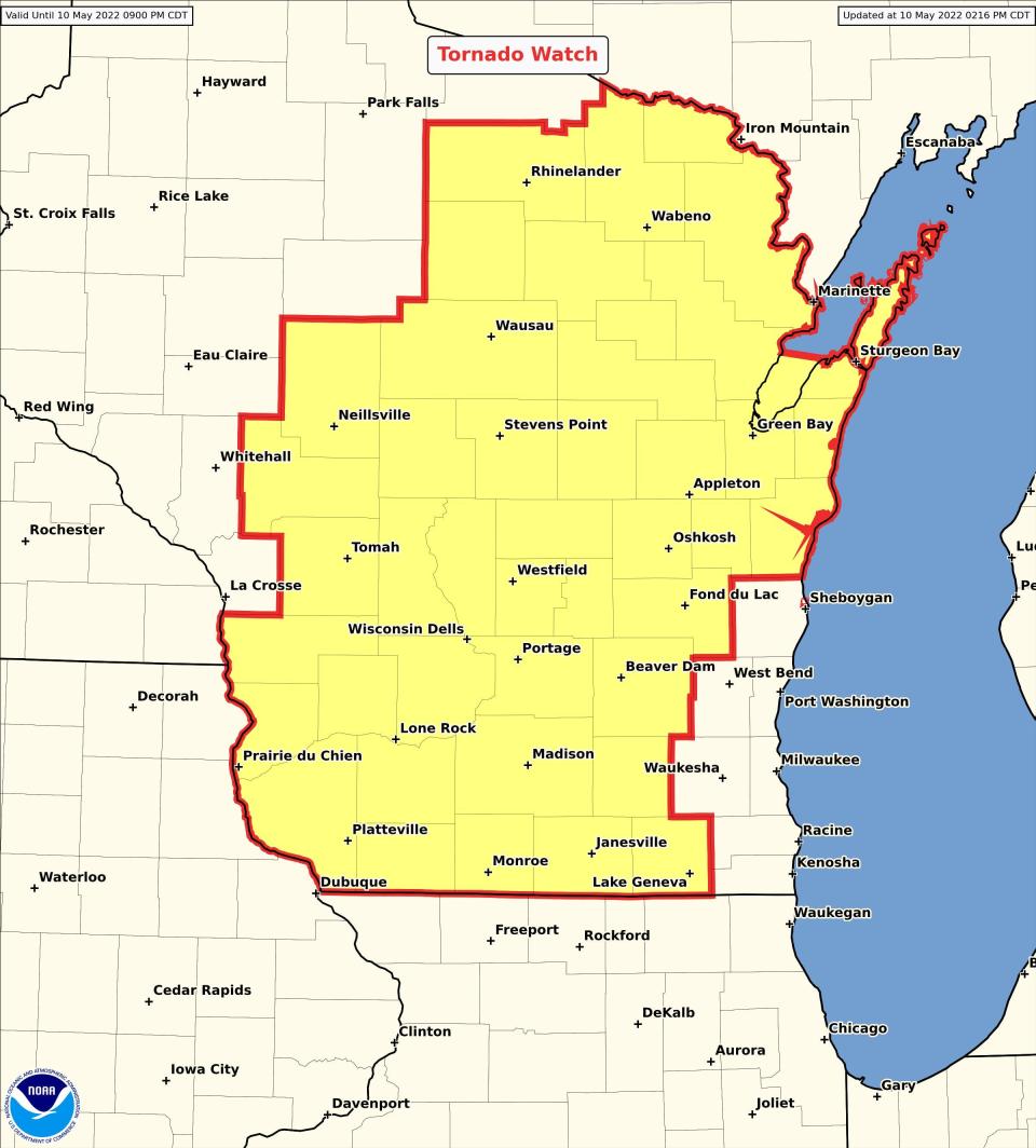 A tornado watch covers much of Wisconsin, excluding the Milwaukee metro area, until 9 p.m. on Tuesday.