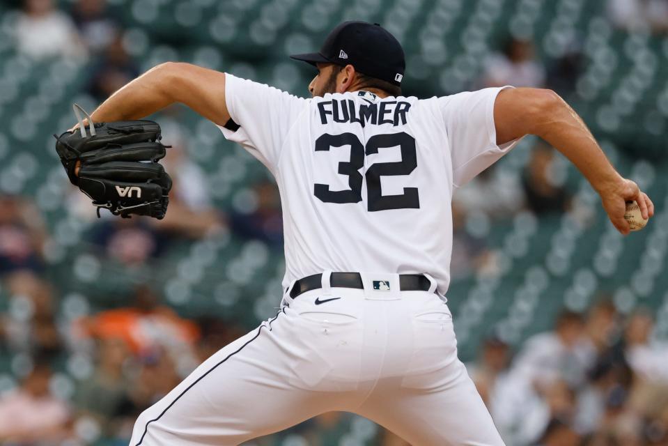 Detroit Tigers starting pitcher Michael Fulmer (32) pitches in the fifth inning in the second game of a doubleheader June 16, 2021 against the Houston Astros at Comerica Park.
