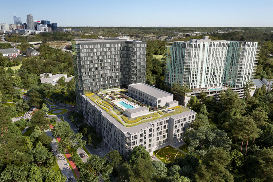 An aerial rendering of The Weld, a 1,200-unit two-story mixed-used neighborhood at the southern edge of the 308-acre Dorothea Dix Park.