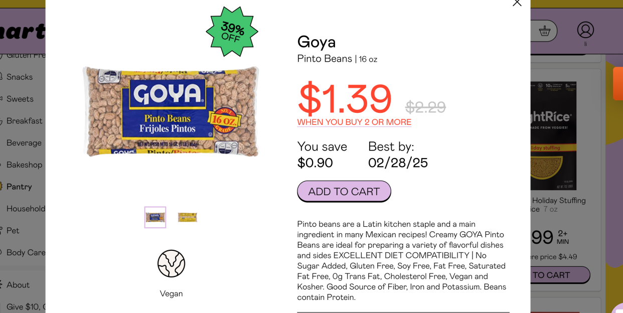 screen shot of Goya  Pinto Beans on Martie website