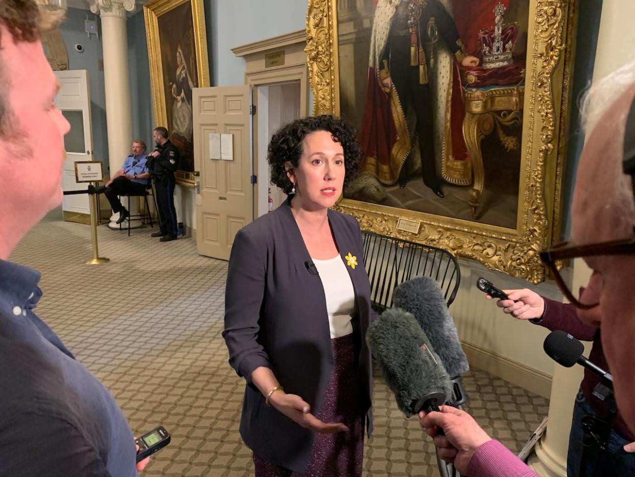 NDP Leader Claudia Chender speaks to reporters at Province House on Thursday. (Shaina Luck/CBC - image credit)