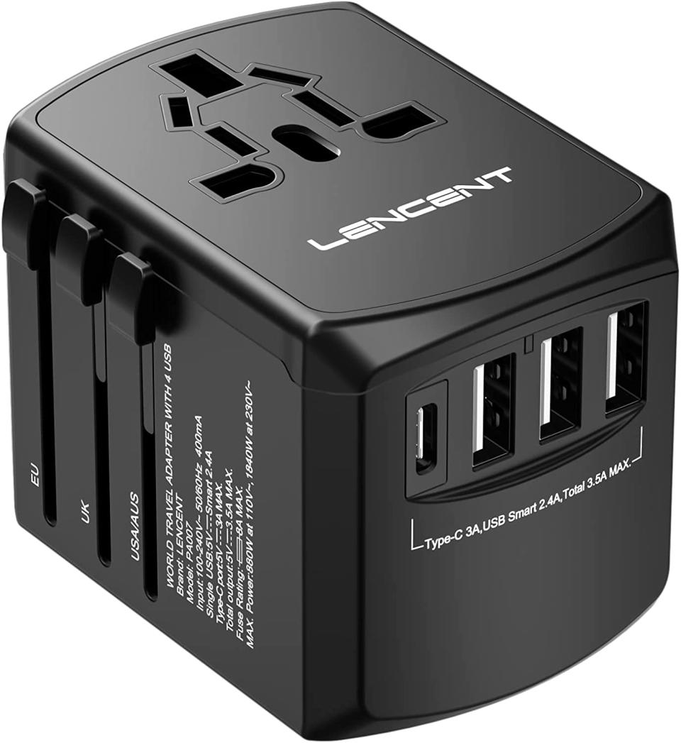 The black LENCENT Universal Travel Adapter on a white background