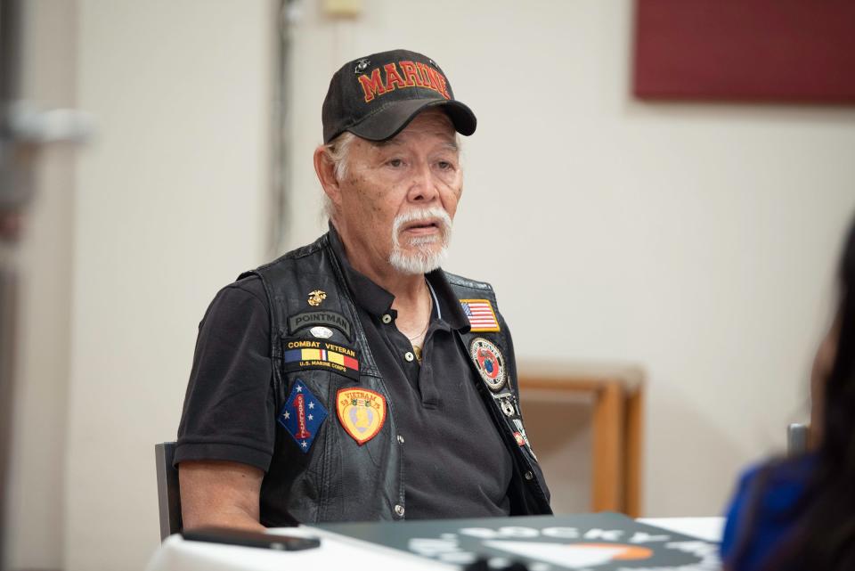 Marine veteran George Autobee speaks about his service during a Rocky Mountain Values rountable discussion on the one year anniversary of the PACT Act being signed into law, legislation that U.S. Representative Lauren Boebert, opposed.