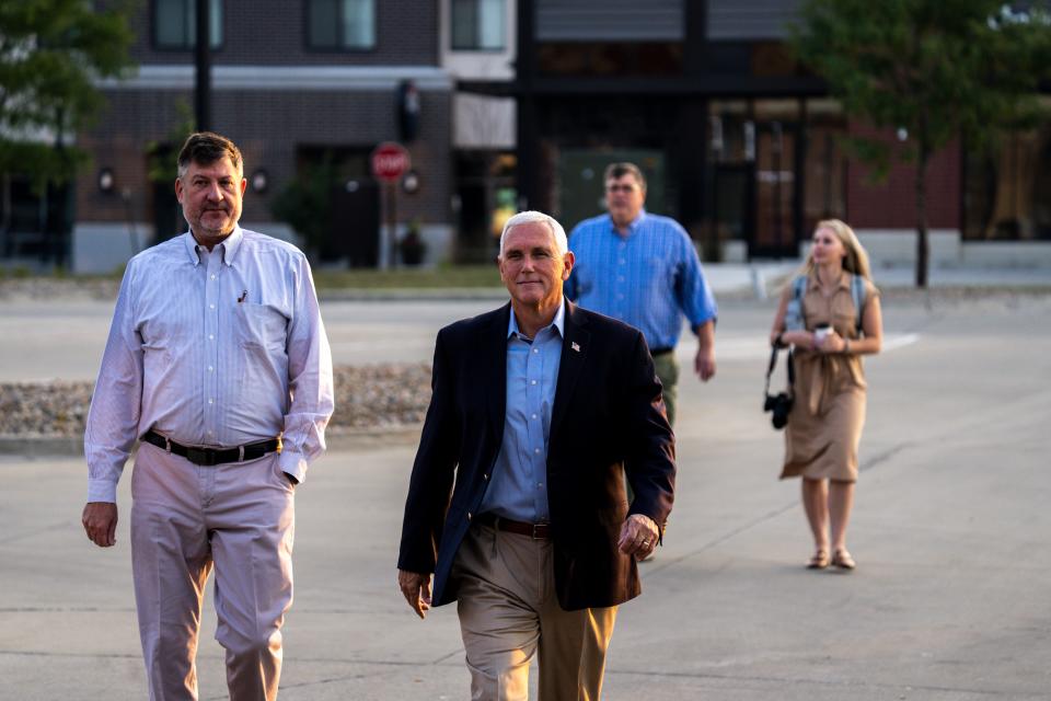 GOP presidential candidate Mike Pence arrives for a meeting of the Northside Conservatives Club at The District Venue on Wednesday, August 30, 2023 in Ankeny.