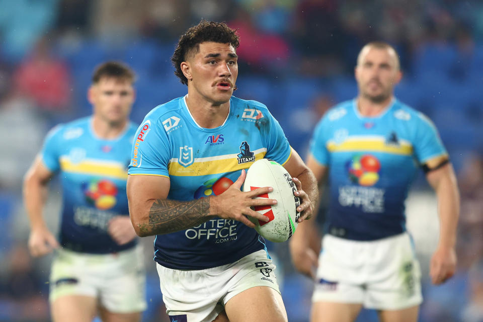 GOLD COAST, AUSTRALIA - APRIL 20: Jojo Fifita of the Titans runs the ball during the round seven NRL match between Gold Coast Titans and Manly Sea Eagles at Cbus Super Stadium, on April 20, 2024, in Gold Coast, Australia. (Photo by Chris Hyde/Getty Images)