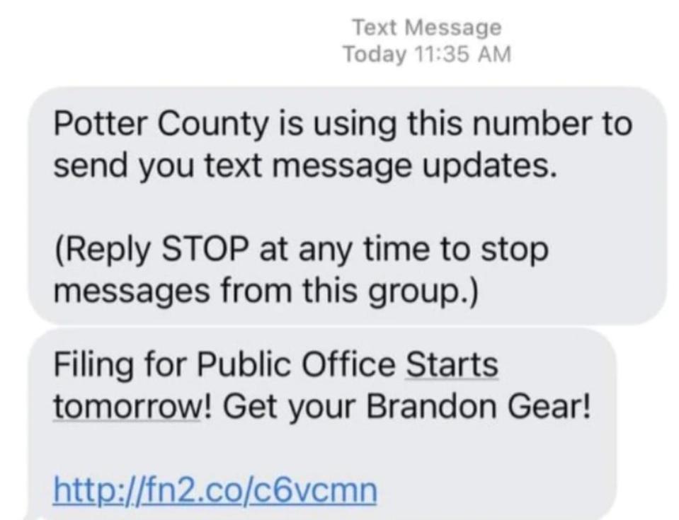 The exact text of the misleading text message that  misrepresented itself as being from the Potter County Elections Office that was distributed Friday.