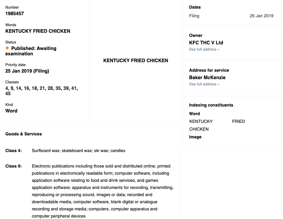 Screenshot of application submitted to IP Australia for the new Kentucky Fried Chicken trademark.