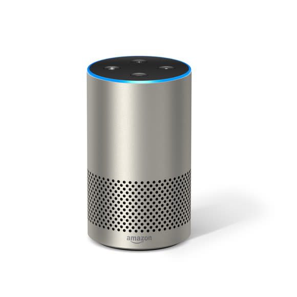 A silver Amazon Echo