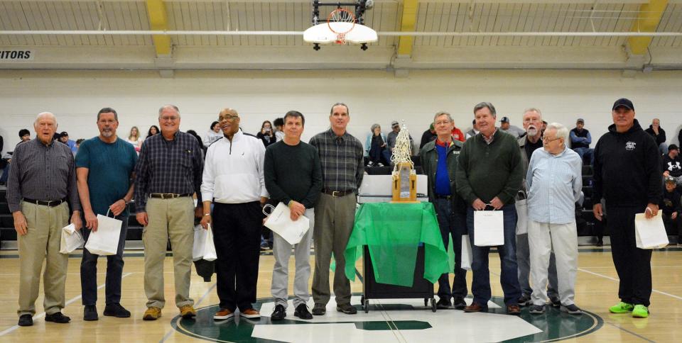 The 1973-74 South Hagerstown boys basketball team was honored at halftime during the season-opening game between the host Rebels and Clear Spring. The 1973-74 team went 25-0 and won the Maryland Class A state championship, which is the last state title won by a Washington County boys basketball team. Team members include Ron Miller, Dave Mowen, Steve Youngblood, Tim Evans, Ronnie Baltimore, Tom Alexander, Stan Jones, Mark Catherman, James Hardin (assistant coach), Phil Arnett (manager) and Donald Rice (statistician).