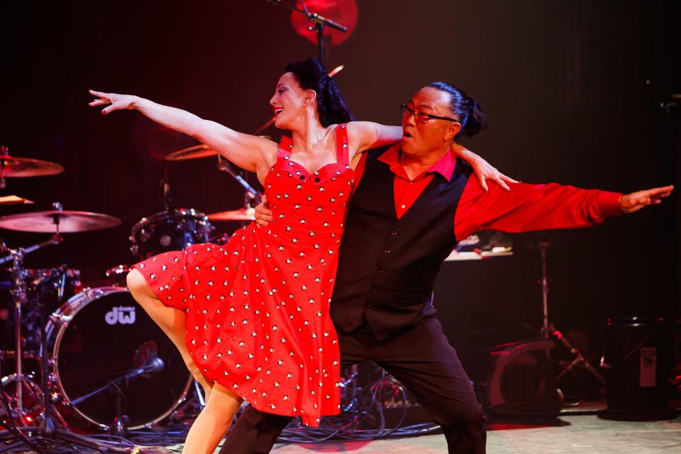 Sheryl Cooper dances during the Solid Rock Dancers' performance at Alice Cooper's 19th Annual Christmas Pudding Fundraiser and Concert at the Celebrity Theater in Phoenix on Dec. 4, 2021.