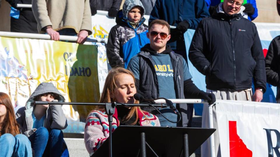 Megan Wold, a former law clerk for Justice Samuel Alito, speaks at the Boise March for Life rally at the Idaho Capitol on Jan. 21.