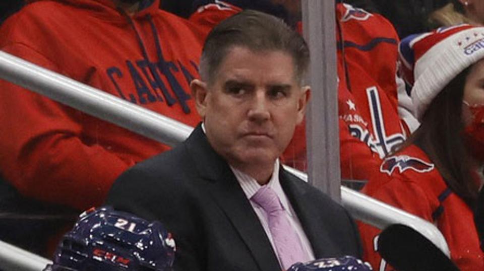 Nov 14, 2021; Washington, District of Columbia, USA; Washington Capitals head coach Peter Laviolette (M) looks on from behind the bench against the Pittsburgh Penguins at Capital One Arena.