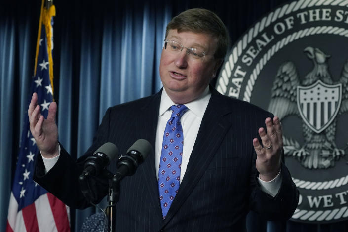 Gov. Tate Reeves answers a reporter&#39;s question.