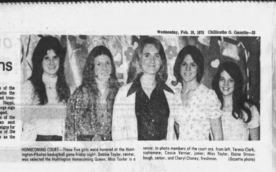 From the Feb. 19, 1975 Chillicothe Gazette: These five girls were honored at the Huntington-Piketon basketball game Friday night. Debbie Taylor, center, was selected as the Huntington Homecoming Queen. Miss Taylor is a senior. In the photo, members of the court are, from left, Teresa Clark, a sophomore; Cassie Vernier, junior; Miss Taylor; Elaine Strausbaugh, senior; and Cheryl Chaney, freshman.