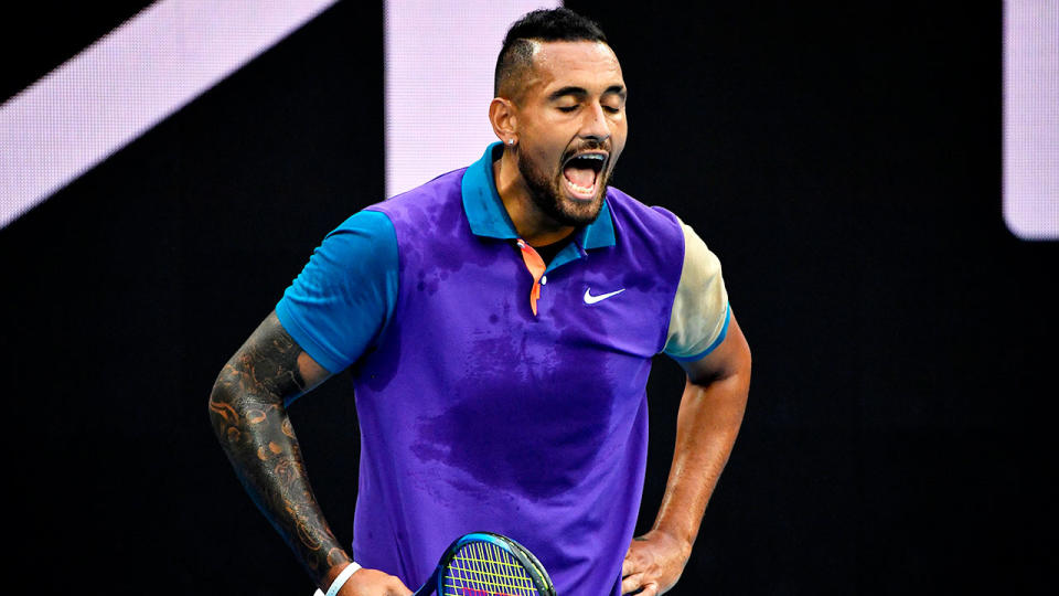 Pictured here, Nick Kyrgios looks frustrated in his opening Australian Open match.