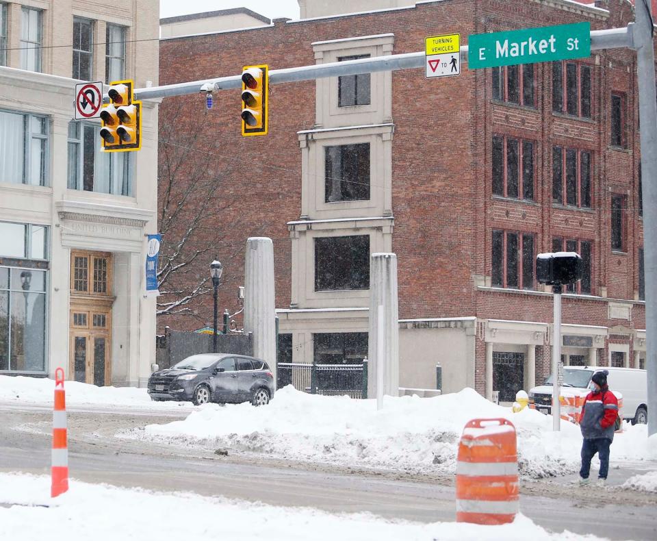 The traffic lights were out Monday morning at several intersections in downtown Akron, including this one at Main and Market streets.