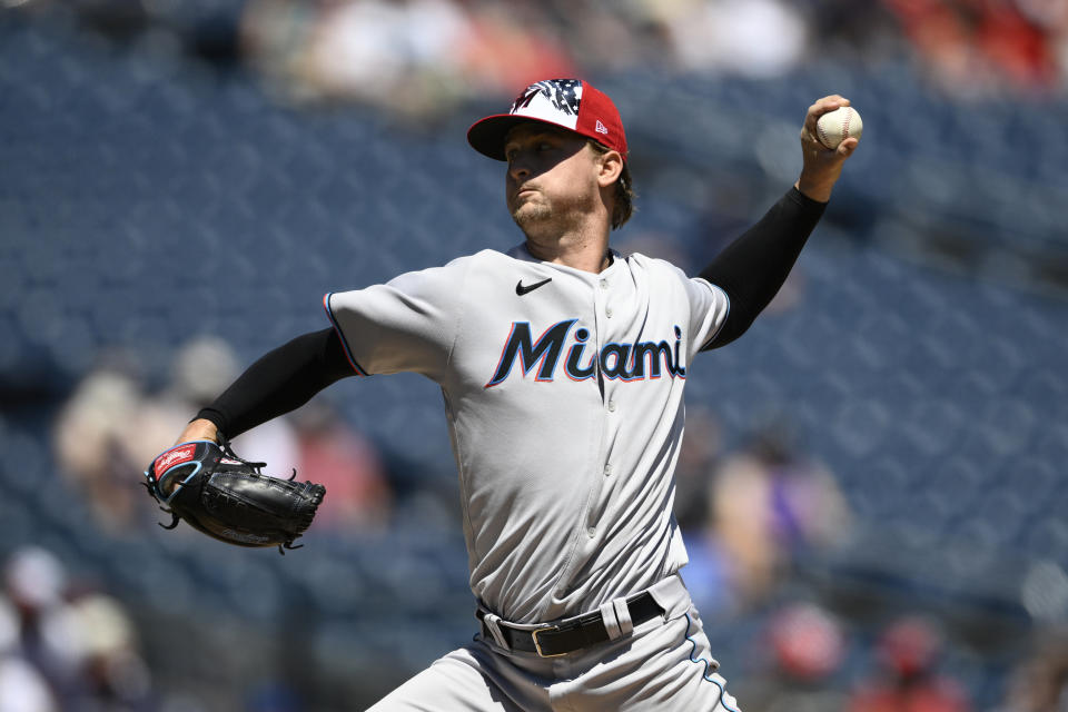 Miami Marlins starting pitcher Braxton Garrett throws during the third inning of a baseball game against the Washington Nationals, Monday, July 4, 2022, in Washington. (AP Photo/Nick Wass)