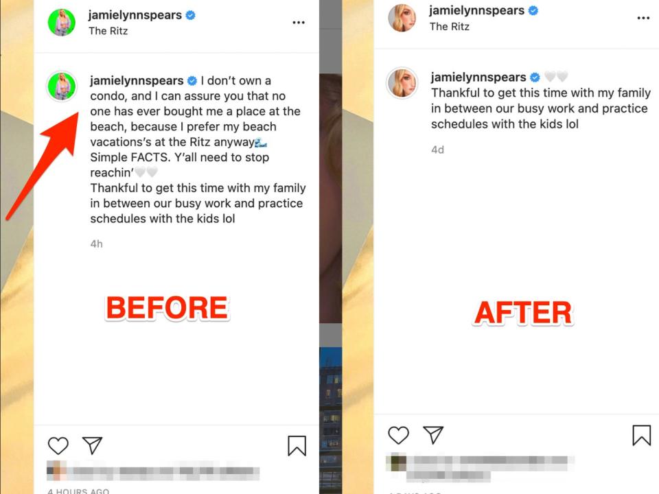 Before and after screenshots showing that Jamie Lynn spears edited her caption to remove any mention of her Florida condo