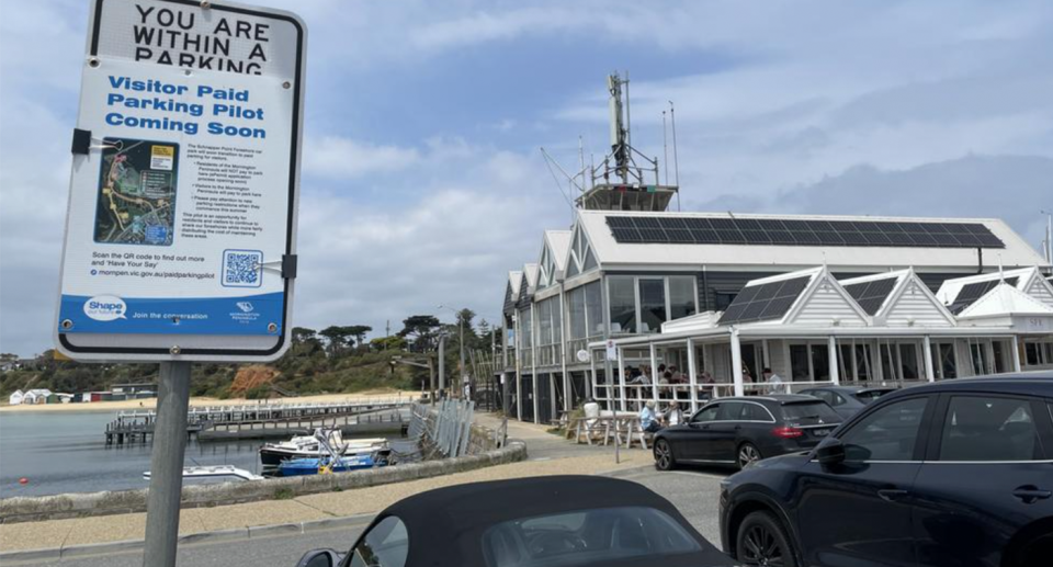 The visitor paid parking pilot notice on display at Schnapper Point, in Mornington.