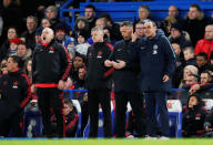 Soccer Football - FA Cup Fifth Round - Chelsea v Manchester United - Stamford Bridge, London, Britain - February 18, 2019 Chelsea manager Maurizio Sarri reacts as Manchester United interim manager Ole Gunnar Solskjaer looks on REUTERS/David Klein