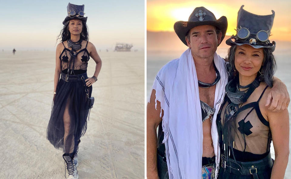 L: Kelly Hu poses in her sheer dress and steampunk hat at Burning Man. R: Ascanio Pignatelli Aragona Cortés and Kelly Hu pose at Burning Man