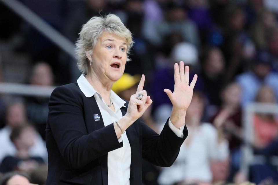 PHOTO: Head coach Lisa Bluder of the Iowa Hawkeyes looks on during the first half against the LSU Tigers in the Elite 8 round of the NCAA Women's Basketball Tournament at MVP Arena, April 1, 2024, in Albany, New York.  (Andy Lyons/Getty Images)