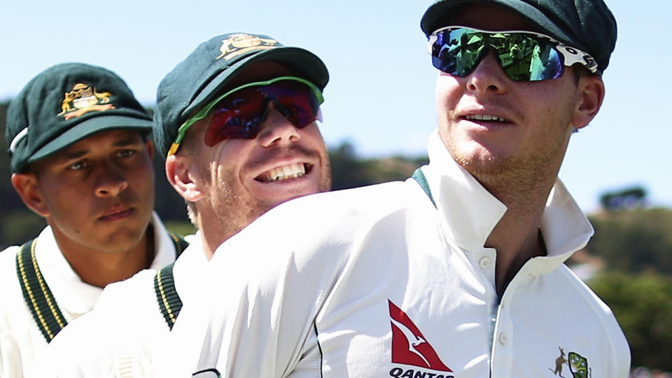 Usman Khawaja, David Warner and Steve Smith in 2016. (Photo by Ryan Pierse/Getty Images)