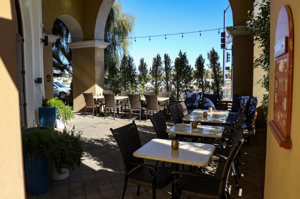 Patio dining space is seen at Salt Flats, Tuesday, Nov. 2, 2021, in Cathedral City, Calif. 