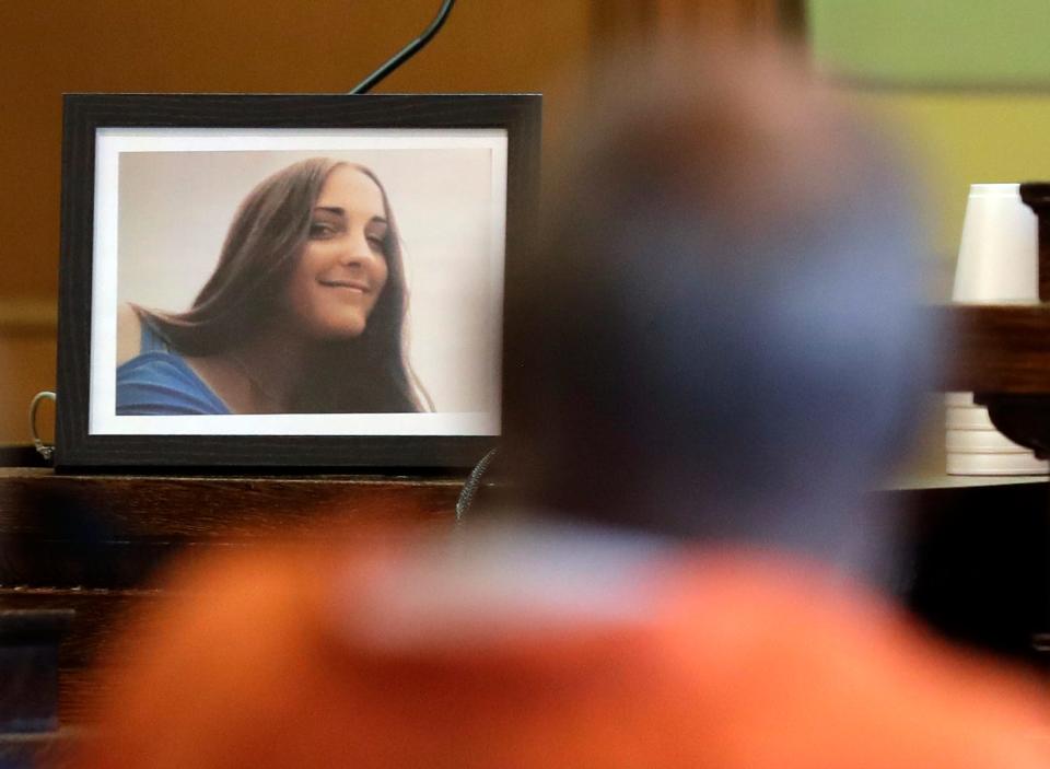 A photograph of Lisa Holstead sits in the courtroom during the sentencing hearing for Lou Griffin on March 27, 2023, in Green Bay, wis.