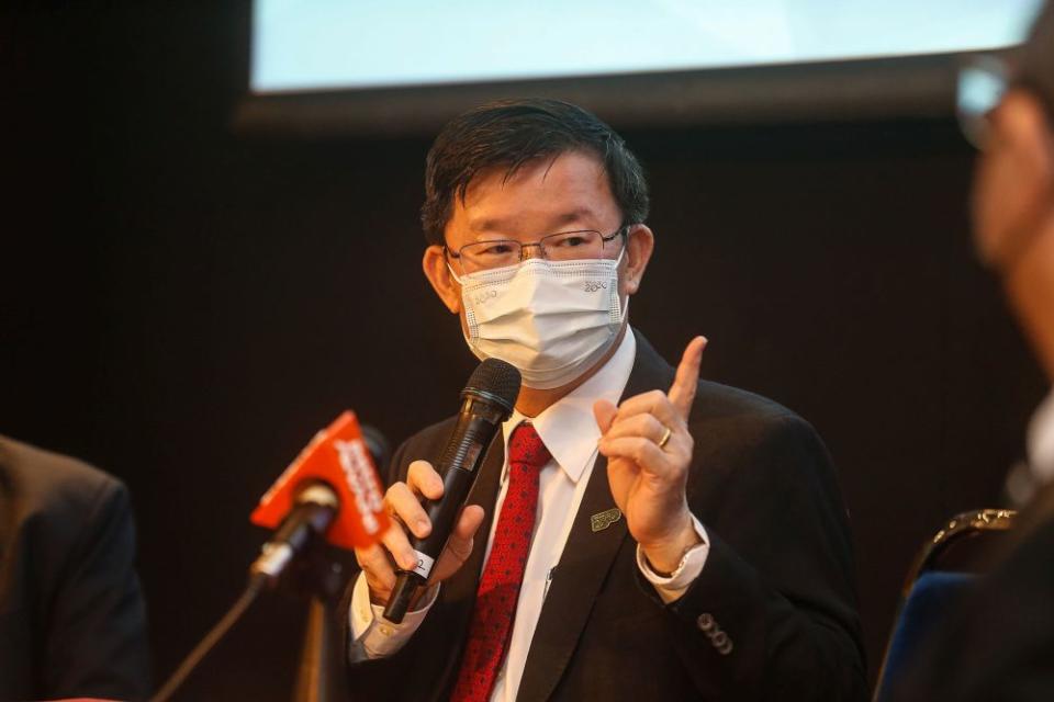 Penang Chief Minister Chow Kon Yeow speaks to reporters after attending an MoU signing ceremony between Angkasa X, Universiti Sains Malaysia and Digital Penang at Komtar, George Town April 20, 2021. — Picture by Sayuti Zainudin