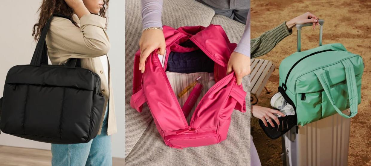 A model carrying a black duffel next to a model opening a pink duffel and another model stuffing shoes into a teal duffel on top of a suitcase. 