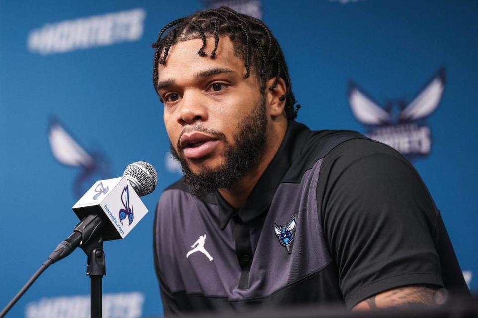 Hornets forward Miles Bridges answers media questions regarding his return to the Hornets after signing his qualifying offer at Spectrum Center on Tuesday, July 18, 2023.