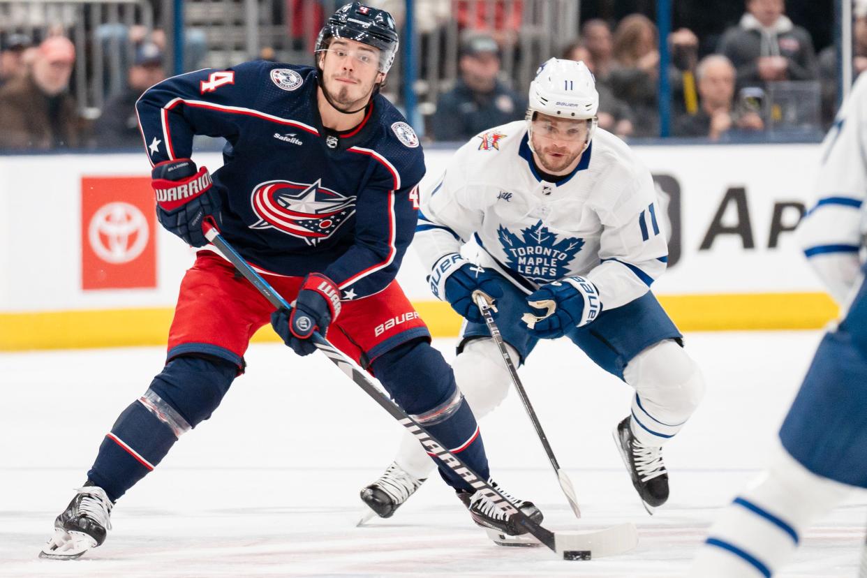 Dec 29, 2023; Columbus, Ohio, USA;
Columbus Blue Jackets center Cole Sillinger (4) looks for an open pass during the first period of their game against the Toronto Maple Leafs on Friday, Dec. 29, 2023 at Nationwide Arena.