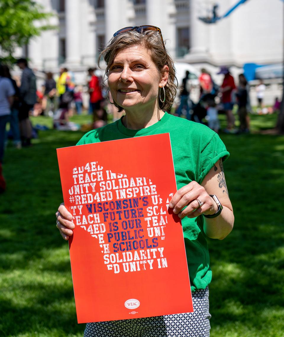 Stephanie Snyder, Bay View High School librarian and media specialist, attends the Wisconsin Education Association Council's rally to support Governor Evers’ Education Budget on Saturday May 20, 2023 at the Wisconsin State Capitol in Madison, Wis.