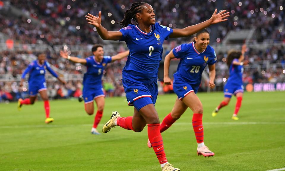 <span>Marie-Antoinette Katoto celebrates scoring what turned out to be France’s winning goal against England.</span><span>Photograph: Stu Forster/Getty Images</span>