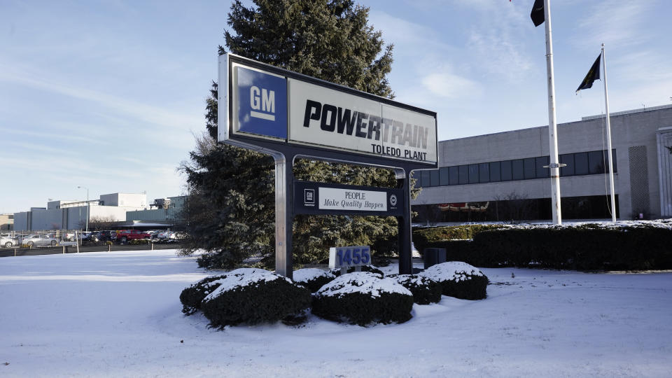 The exterior of the General Motors Toledo Transmission Operations facility is shown in Toledo, Ohio, Tuesday, Feb. 2, 2021. When General Motors boldly announced its goal last month to make only battery-powered vehicles by 2035, it didn’t just mark a break with more than a century of making internal combustion engines. It also clouded the future for 50,000 GM workers whose skills — and jobs — could become obsolete far sooner than they knew. (AP Photo/Paul Sancya)