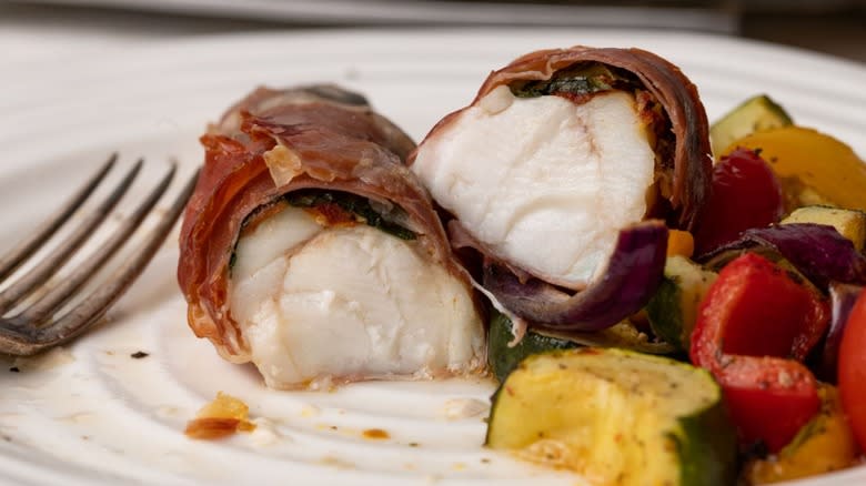 Parma ham wrapped monkfish