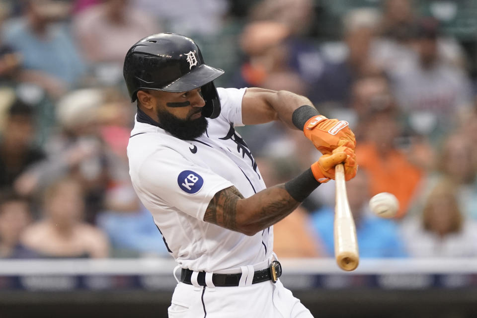 Detroit Tigers' Derek Hill bats during the third inning of a baseball game against the Minnesota Twins, Wednesday, June 1, 2022, in Detroit. (AP Photo/Carlos Osorio)