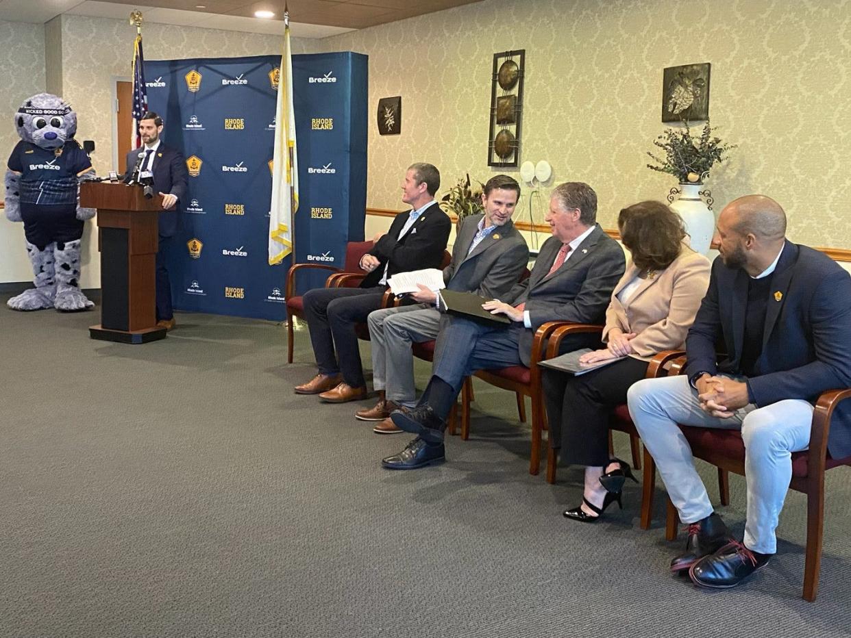 Brett Johnson and other officials from Rhode Island FC were joined by Breeze Airways executives, Gov. Dan McKee, officials from Rhode Island Commerce, the Airport Corporation, and the state’s tourism division.
