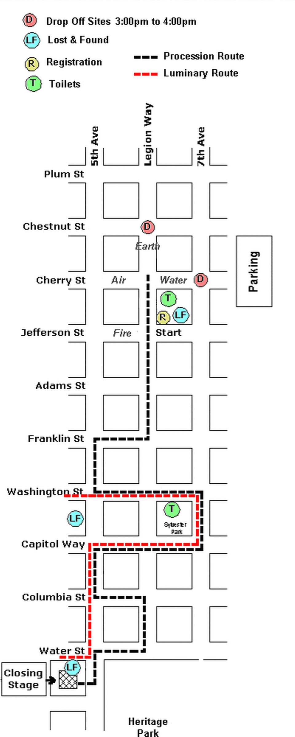 Here’s the map of the routes for Saturday’s Procession of the Species, and for Friday night’s Luminary Procession. Courtesy of the city of Olympia