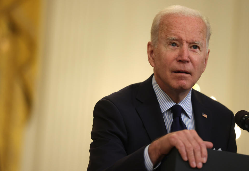 WASHINGTON, DC - MAY 07:  U.S. President Joe Biden speaks on job numbers from April, 2021 at the East Room of the White House May 7, 2021 in Washington, DC. U.S. economy added 266,000 jobs in April, far less than the one million jobs that was expected. (Photo by Alex Wong/Getty Images)