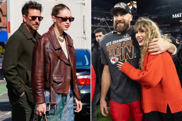 <p>Gotham/GC Images; AP Photo/Julio Cortez</p> Bradley Cooper and Gigi Hadid (left) and Travis Kelce and Taylor Swift (right)