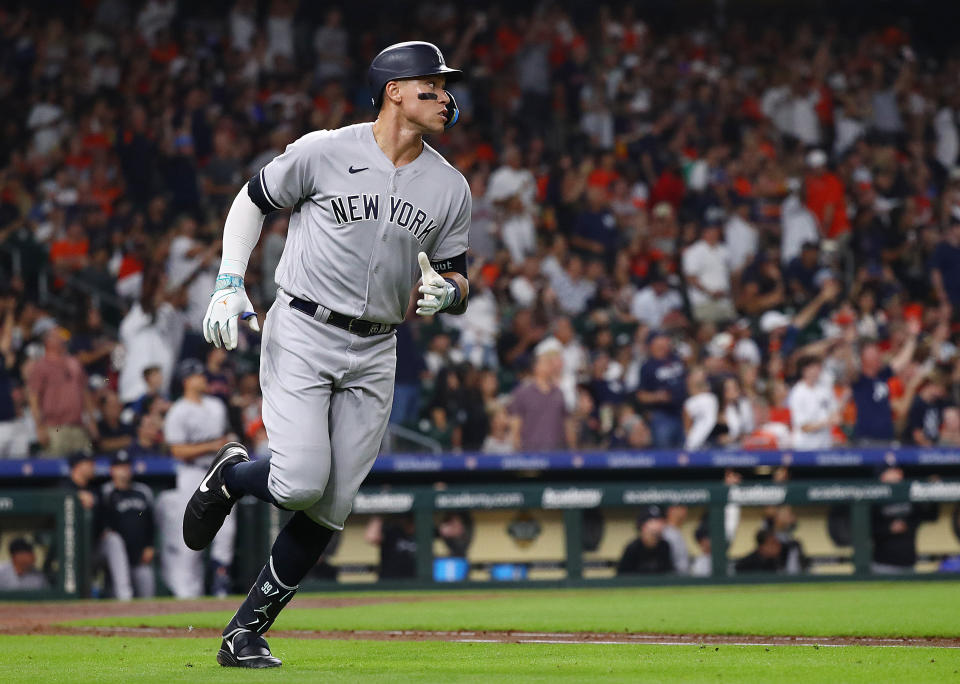 HOUSTON, TEXAS - SEPTEMBER 01: Aaron Judge #99 of the New York Yankees rounds the bases after hitting a a home run in the fifth inning against the Houston Astros at Minute Maid Park on September 01, 2023 in Houston, Texas. (Photo by Bob Levey/Getty Images)