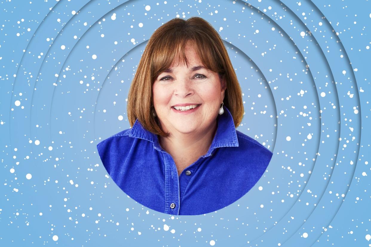 Ina Garten on a designed background