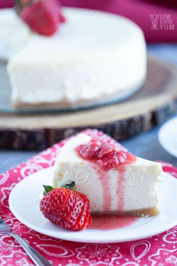 <p><a href="https://lowcarbyum.com/keto-cheesecake/" rel="nofollow noopener" target="_blank" data-ylk="slk:Low Carb Yum;elm:context_link;itc:0;sec:content-canvas" class="link ">Low Carb Yum</a></p><p>A creamy New York-style keto cheesecake that tastes JUST like the real thing! Friends and family will never know it's low-carb and sugar-free.</p><p><strong>Get the recipe: <a href="https://lowcarbyum.com/keto-cheesecake/" rel="nofollow noopener" target="_blank" data-ylk="slk:Low-Carb Keto Cheesecake;elm:context_link;itc:0;sec:content-canvas" class="link ">Low-Carb Keto Cheesecake</a></strong></p>