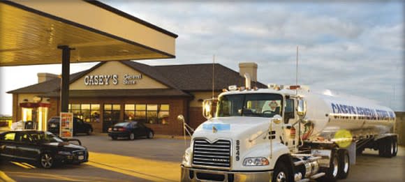 A Casey's store with a tanker truck to the right of it.