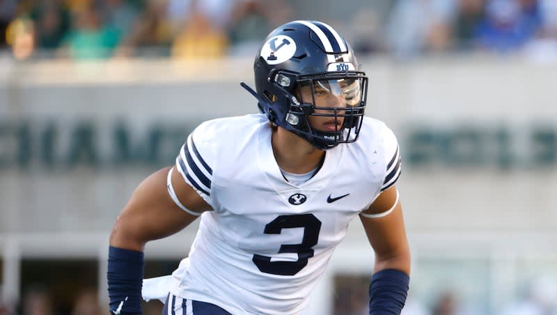 BYU linebacker Chaz Ah You (3) plays against Baylor during the second half of an NCAA college football game Saturday, Oct. 16, 2021, in Waco, Texas. Baylor won 38-24.