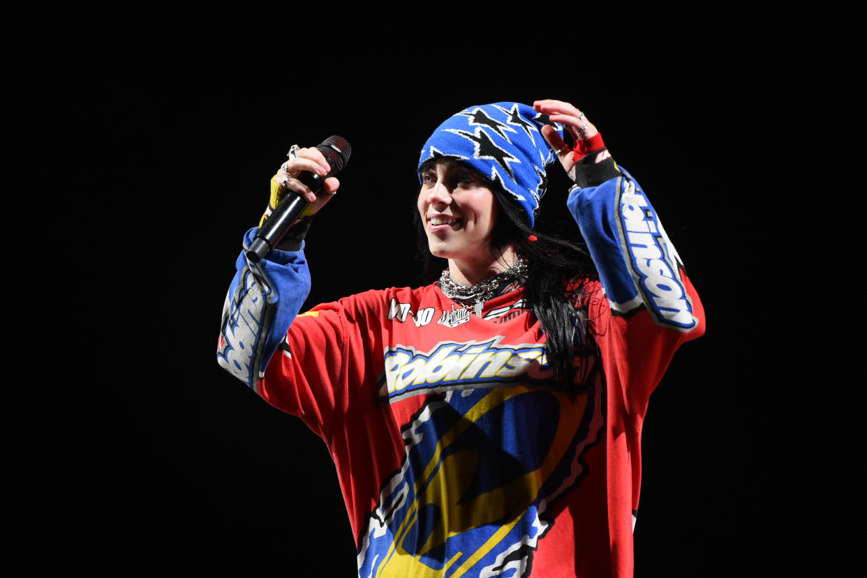 LEEDS, ENGLAND - AUGUST 25: (EDITORIAL USE ONLY) Billie Eilish performs on Day 1 of Leeds Festival 2023 at Bramham Park on August 25, 2023 in Leeds, England. (Photo by Matthew Baker/Getty Images for ABA)
