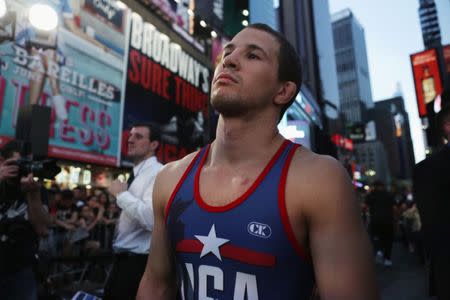 U.S. wrestler Logan Stieber prepares to enter the ring at the "Beat The Streets" wrestling event in Times Square, New York City, U.S., May 17, 2017. REUTERS/Joe Penney
