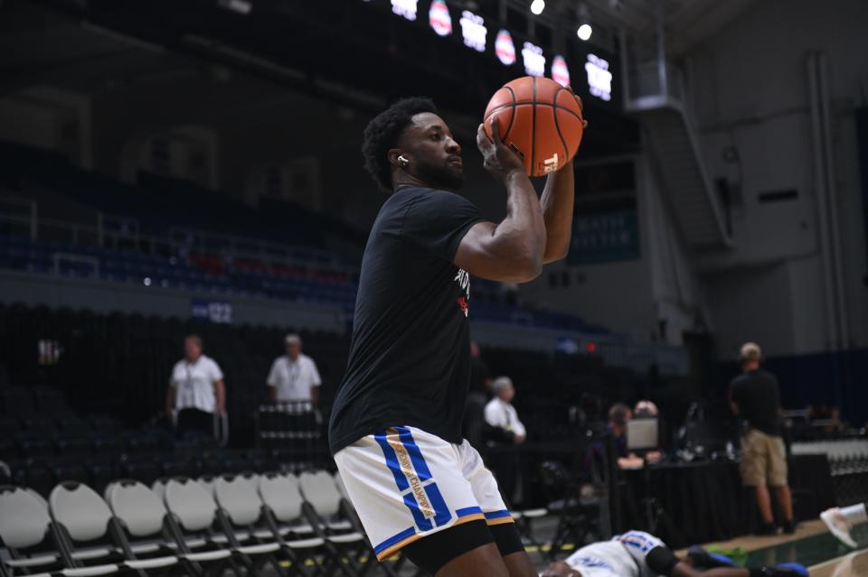 Blue Collar U's Dontay Caruthers shoots around before his first round game in The Basketball Tournament, Monday, July 24, 2023 at the Oncenter War Memorial in Syracuse.